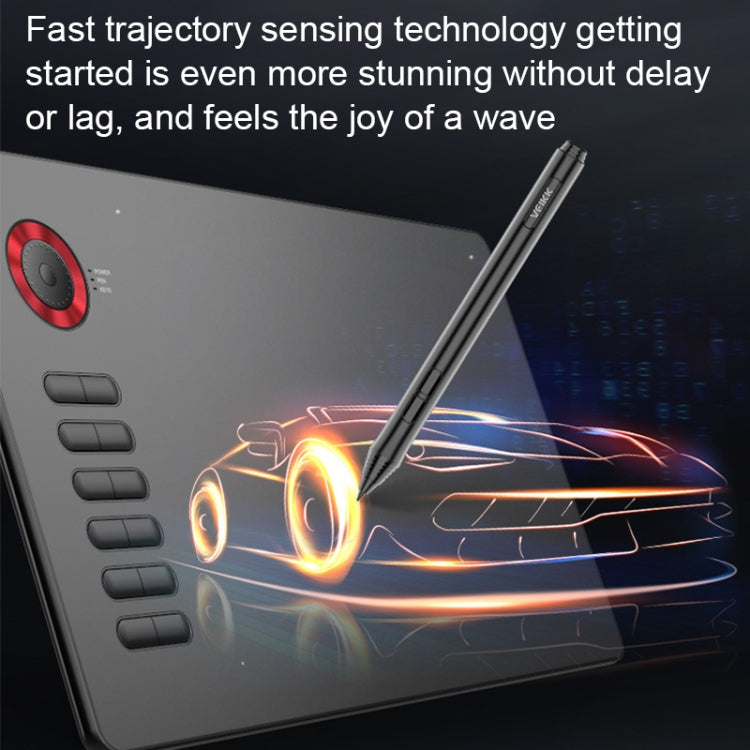 Dark graphics tablet with red control and included stylus for hand drawing