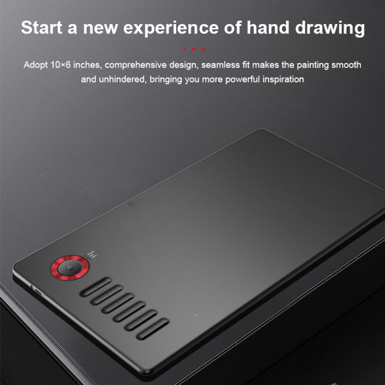 Dark 10x6 graphics tablet with red circular control and four side buttons