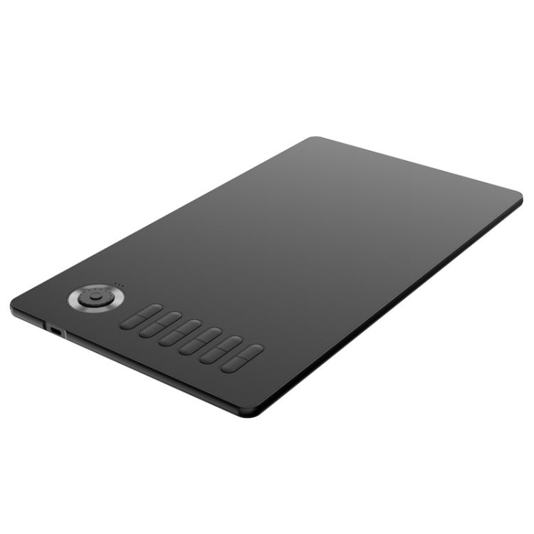 Black graphic tablet with circular control and shortcut keys on the left side
