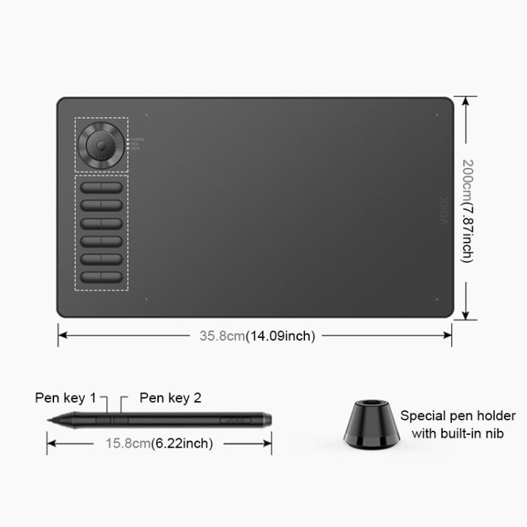Black drawing tablet with pen holder and shortcut panel, with size markings