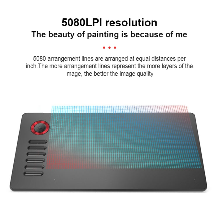 Black drawing tablet with blue resolution grid overlay and side shortcut keys