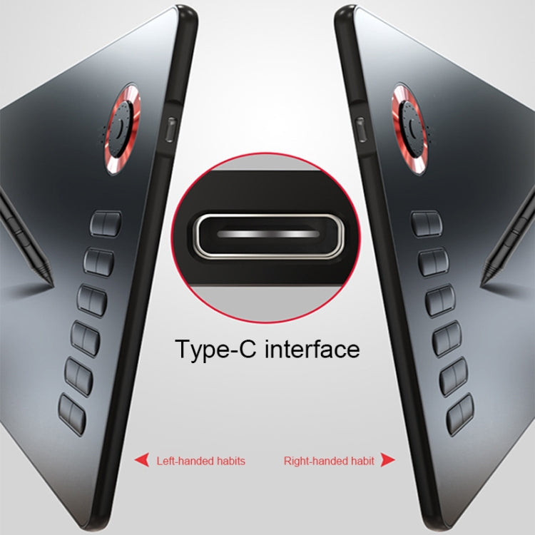 Graphic tablet side view highlighting Type-C interface and shortcut key buttons