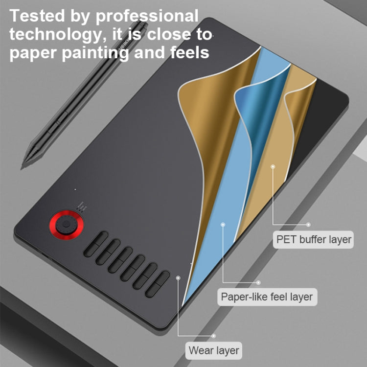 Black drawing tablet with stylus and layered pen-feel diagram