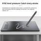 Black drawing tablet with stylus making a smooth stroke, showing 8192 pressure