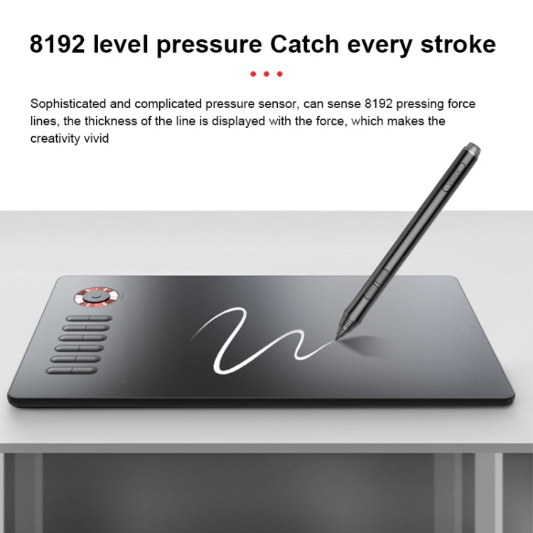 Black drawing tablet with stylus making a smooth stroke, showing 8192 pressure