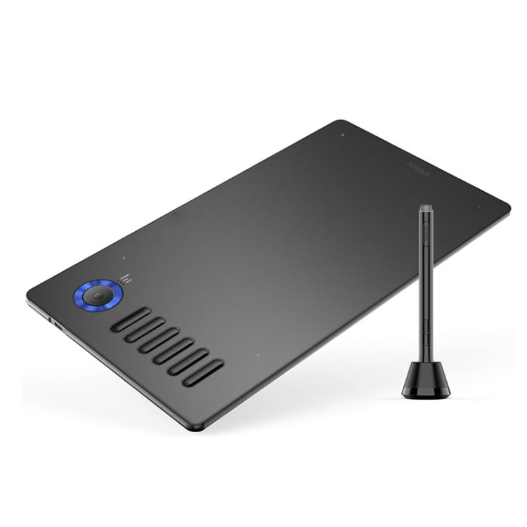 Black graphics tablet with blue circular control wheel and stylus pen