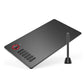 Black graphics tablet with red circular control wheel and stylus pen