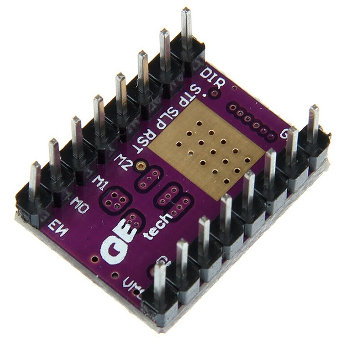 Purple stepper driver PCB with gold pad and long black pin header posts