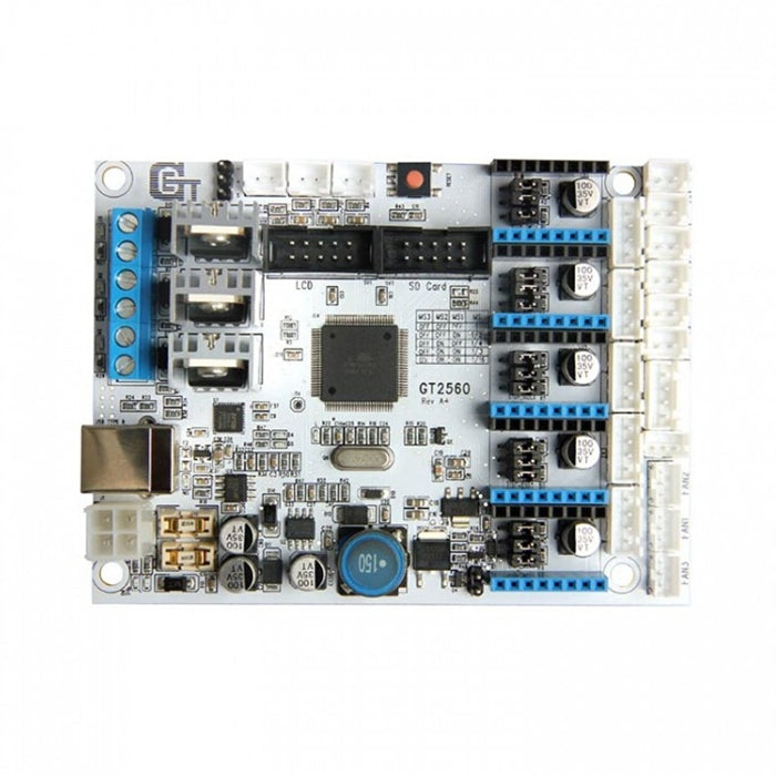 3D printer controller board PCB with multiple blue screw terminals and wiring headers