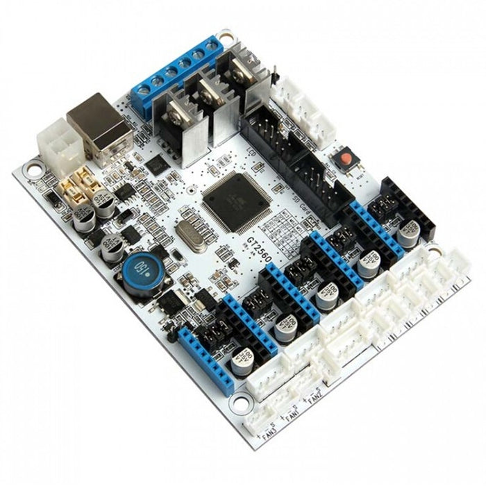 3D printer controller board PCB angled view with ribbon connectors and blue terminal strips