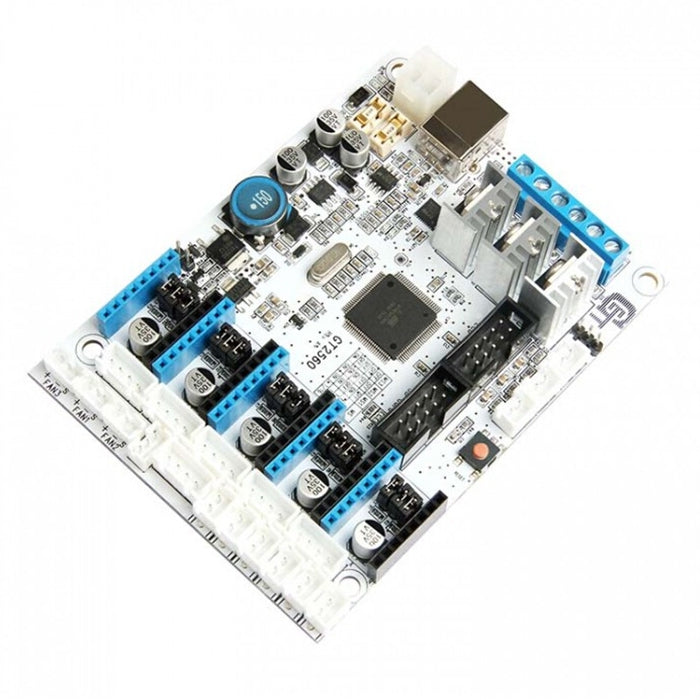 3D printer controller board PCB with blue terminal blocks, chips, and screw connection points