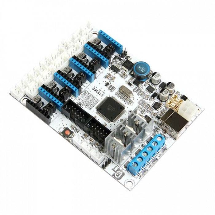 3D printer controller board PCB top view with driver chips and blue connector blocks