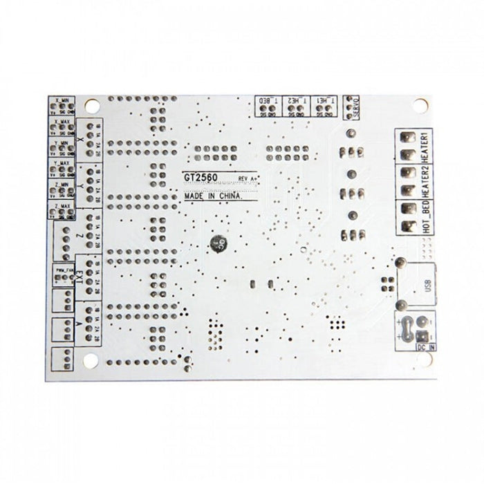 3D printer controller board PCB back side with port headers and labeled connection points