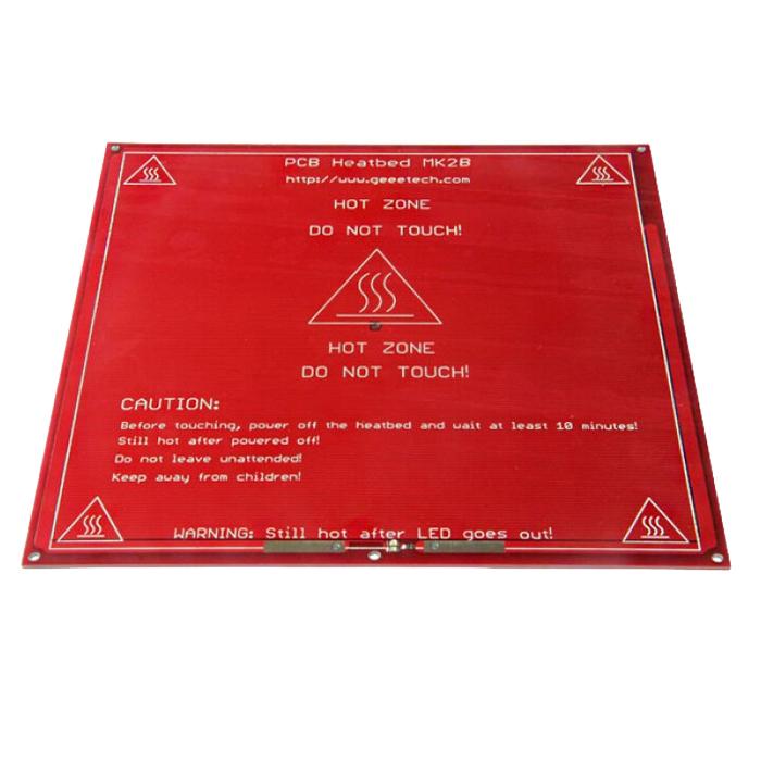 Red rectangular heated bed PCB with warning icons and text around edges