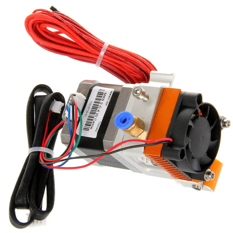 MK8 extruder assembly with heatsink, fan, blue sensor port, and red wire harness