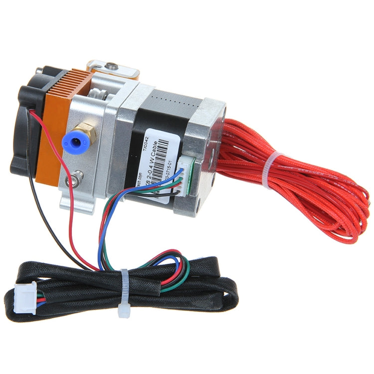 MK8 extruder with orange heatsink accents and coiled red power cable attached