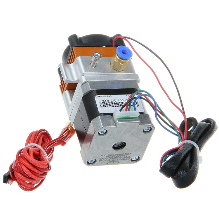 MK8 extruder with blue sensor port, orange heatsink strip, and bundled red leads