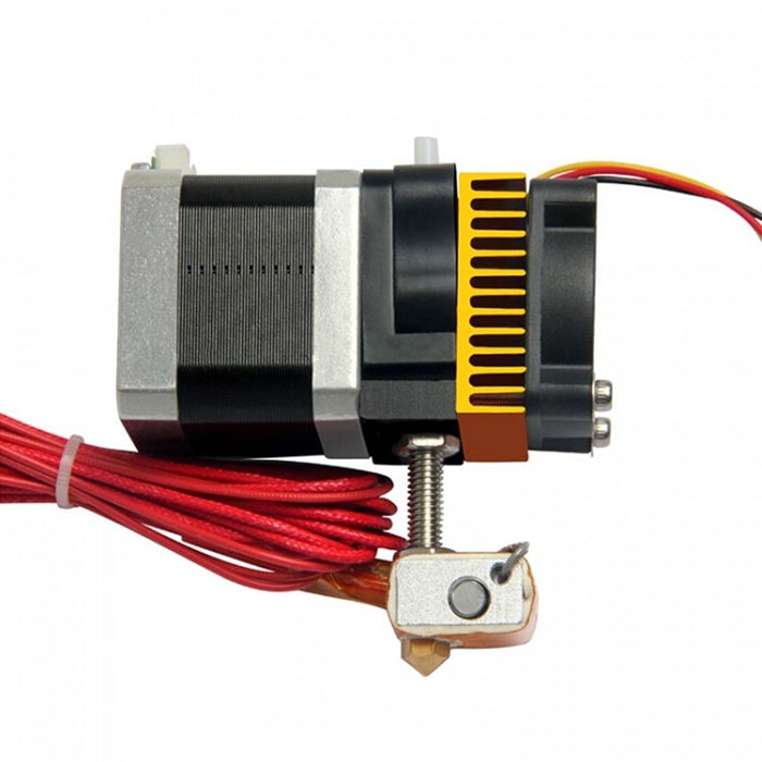 MK8 extruder close-up of black heater block with orange fin strip and red cable
