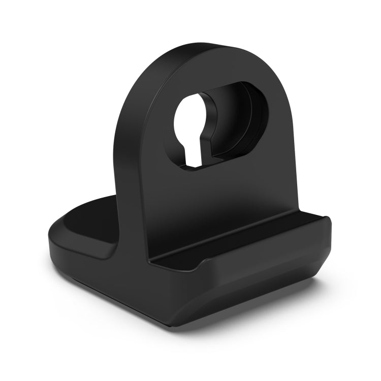 Black silicone charging stand with top slot and cradle base for a smartwatch.