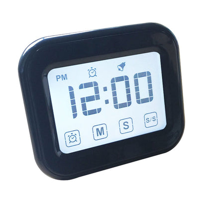 Black digital kitchen timer clock with large LCD touch screen and PM display