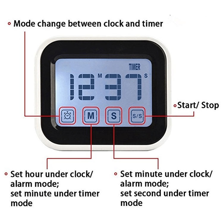 White digital kitchen timer clock with LCD touch screen and mode control buttons