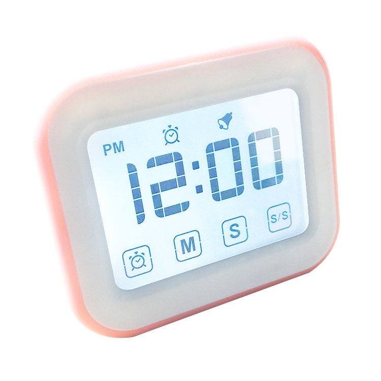 Pink digital kitchen timer clock with large LCD touch screen and PM display