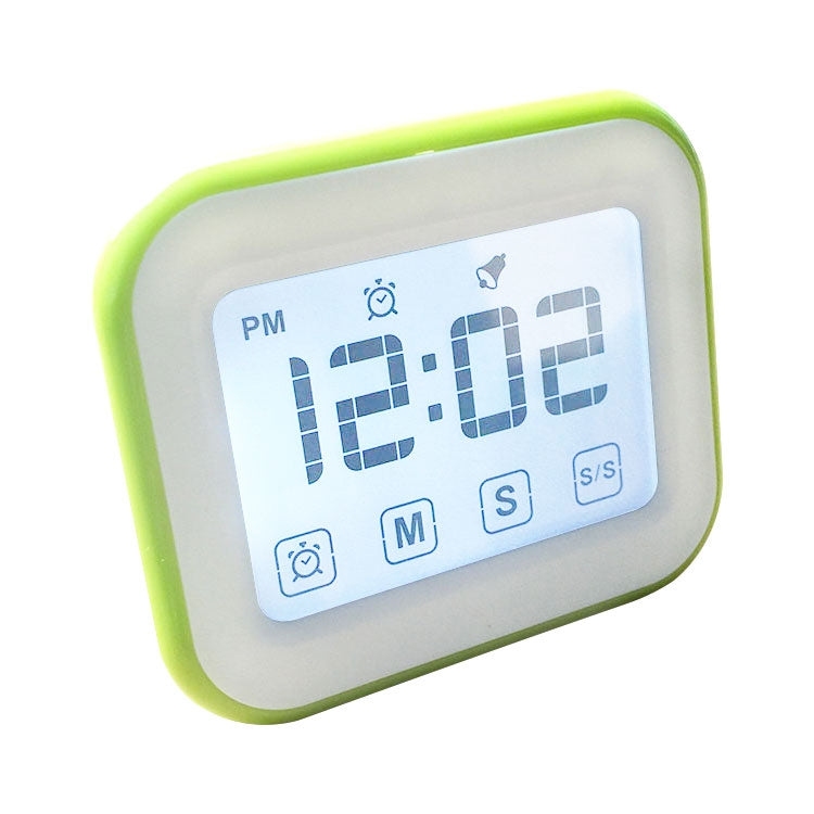 Green digital kitchen timer clock with large LCD touch screen and PM digits