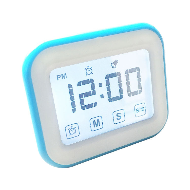 Blue digital kitchen timer clock with large LCD touch screen and PM digits