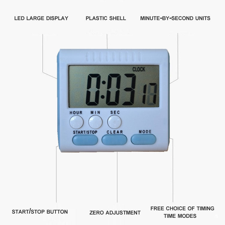 Digital kitchen timer with LCD clock readout and three blue buttons: Start/Stop, Clear, and Mode