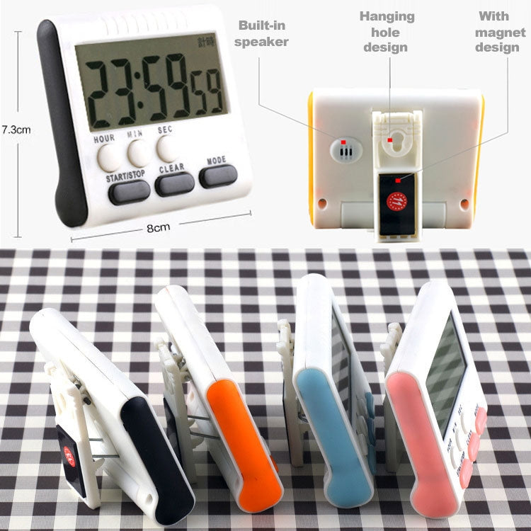 Digital kitchen timer showing built-in speaker and magnetic back, with foldable stand and color options