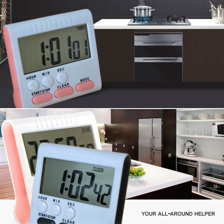 Digital kitchen timer with LCD time display and red/gray buttons, shown at an angle
