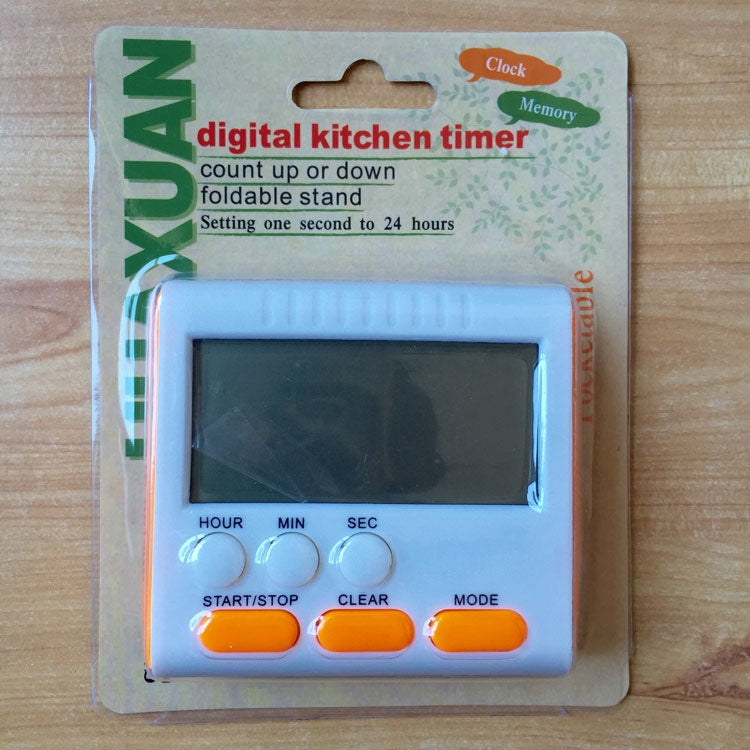 Boxed digital kitchen timer with foldable stand and LCD screen, orange buttons