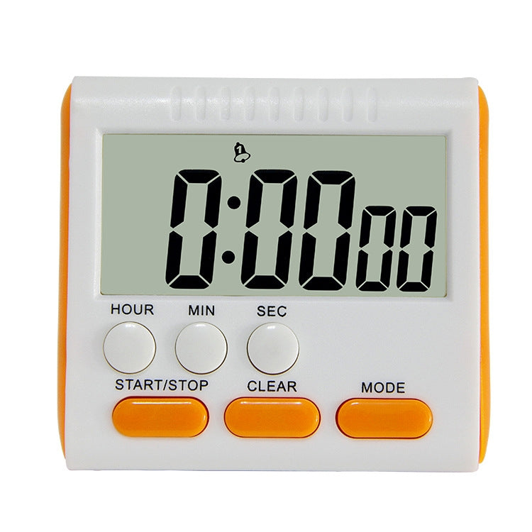 Digital kitchen timer with LCD 0:00:00 and orange buttons, white body with orange side accents