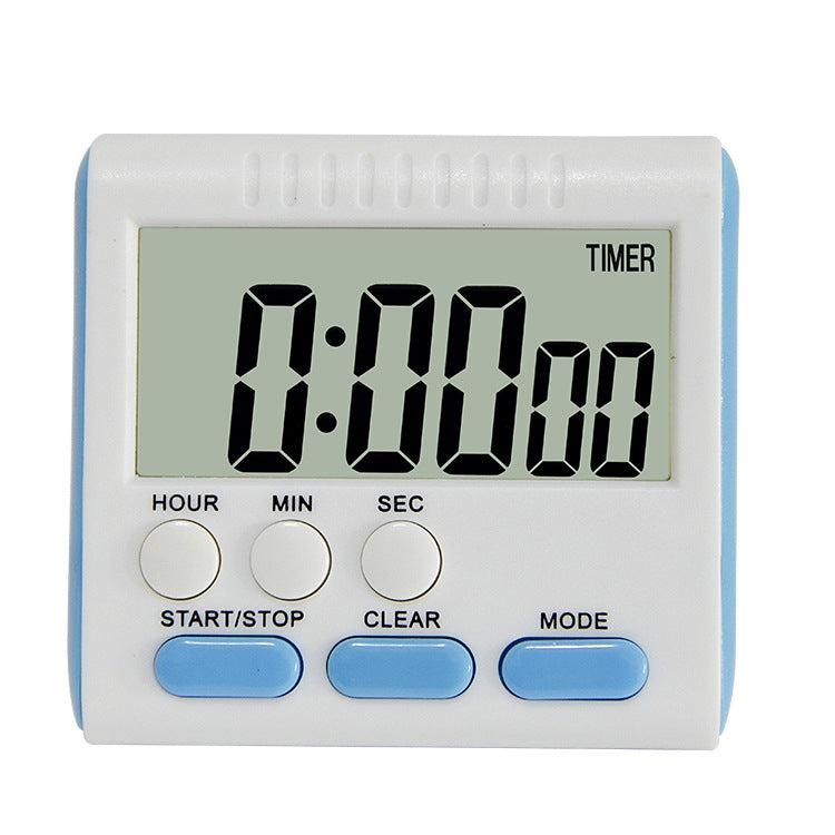 Digital kitchen timer with LCD 0:00:00 and blue buttons, white body and rounded control panel