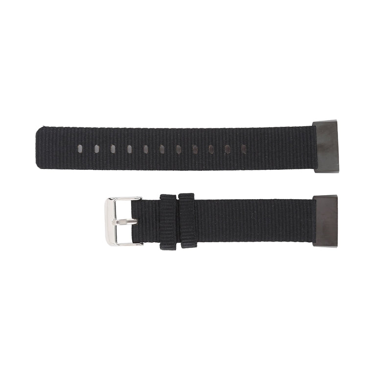 Black nylon watch band with silver buckle and adjustment holes for Fitbit Charge 3