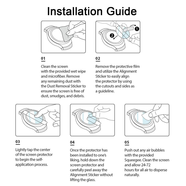 Installation guide for tempered glass smartwatch screen protector, step-by-step icons