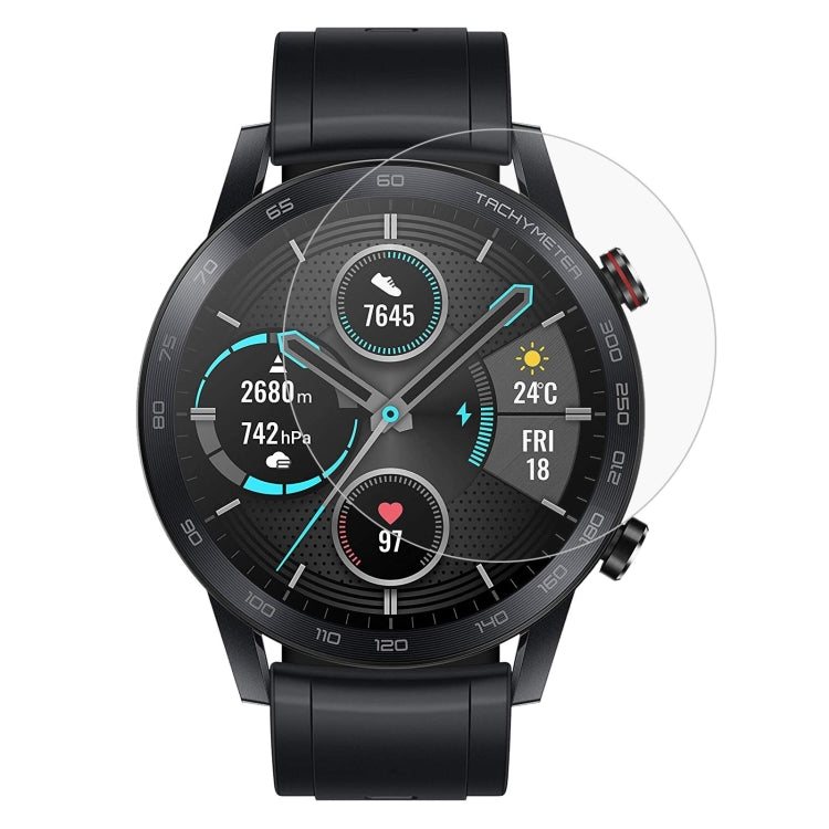 Tempered glass screen protector film on a black smartwatch face, 9H, 2.5D rounded edges