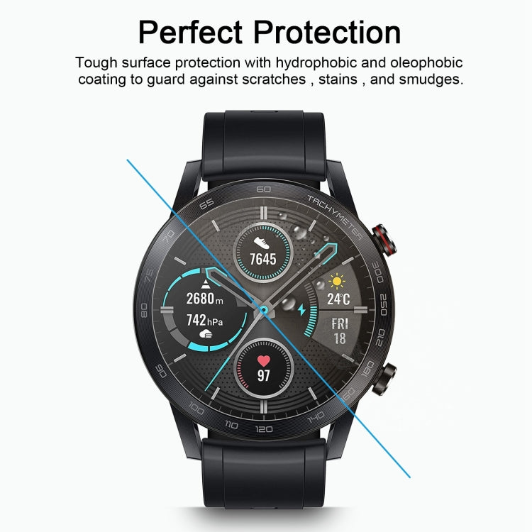 HD tempered glass screen protector on smartwatch, waterproof and smudge-resistant coating