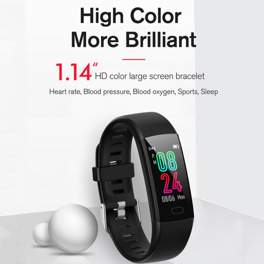 Black silicone smart bracelet with color screen displaying time and heart rate