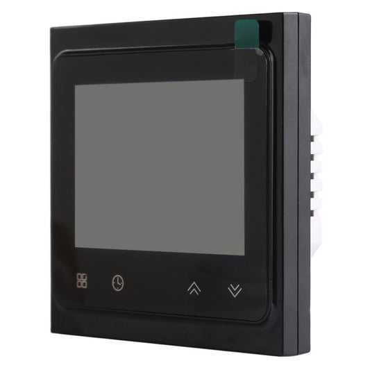 Black wall thermostat with blank LCD screen and front touch control icons