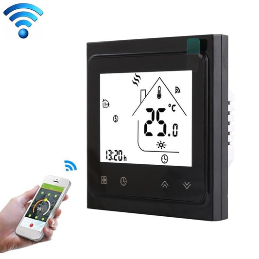 Black WiFi digital room thermostat with LCD showing temperature and icons