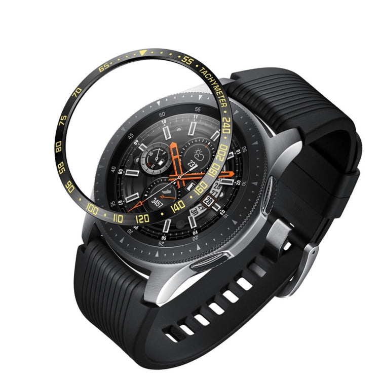 Steel protective bezel frame for Galaxy Watch 46mm with black dial and yellow accent markers