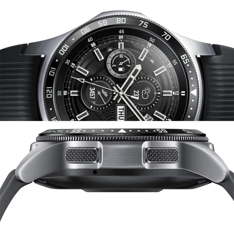 Steel protective bezel frame close-up on Galaxy Watch 46mm with black case