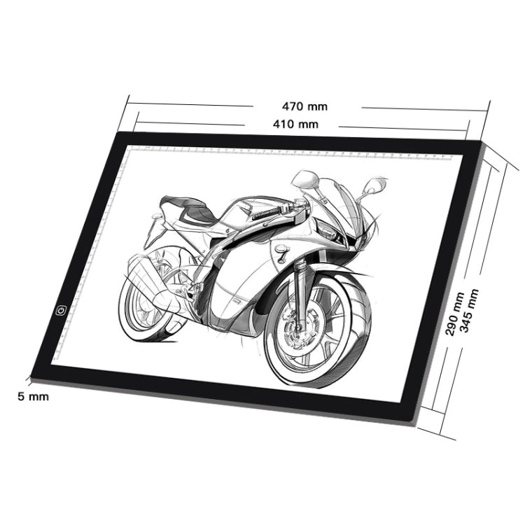 Black LED light pad with motorcycle line art and measurement markings on the panel