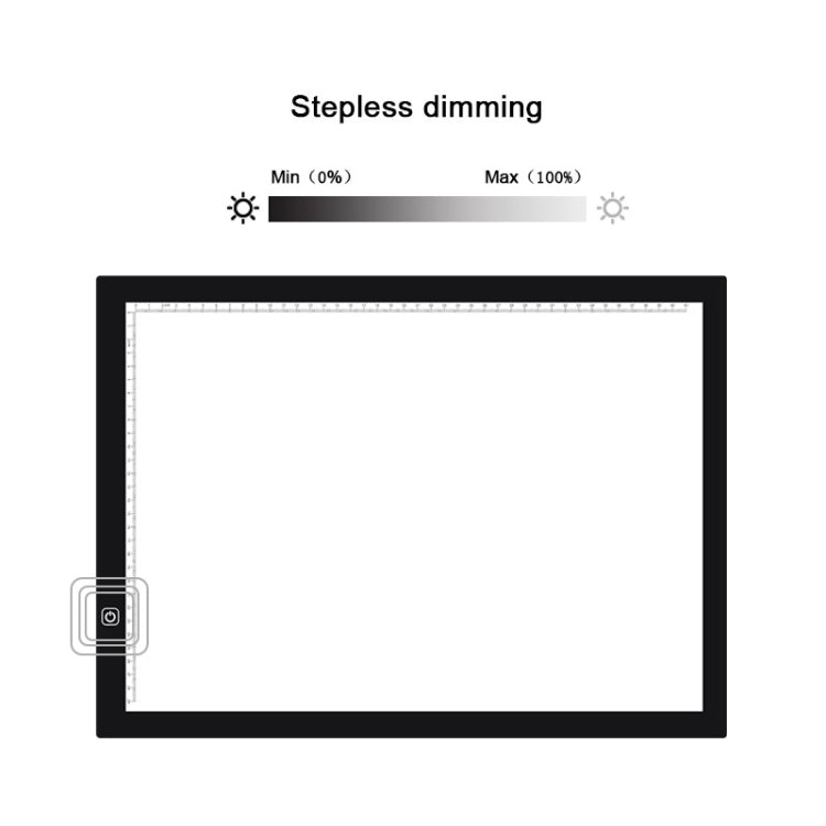 Black LED light pad with step-less dimming control graphic above blank screen
