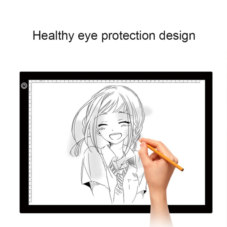 Black LED light pad with child character sketch and hand using orange stylus