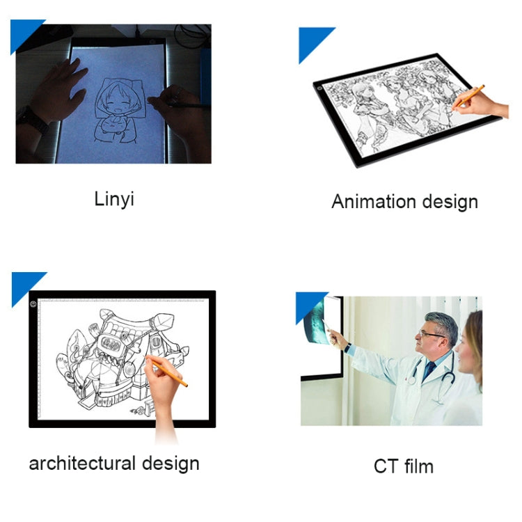 LED light pad in use for sketching, plus inset examples of different tracing styles
