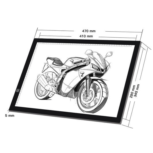 Black LED acrylic light pad with motorcycle drawing template and dimension markings