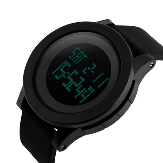 Black round digital watch with side buttons and pixel-style lit display