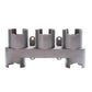 Gray metal wall-mounted vacuum storage bracket with four slots and mounting holes